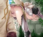  1boy 1girl armor armored_dress ass bent_over blush breasts brick_wall censored closed_eyes corrin_(fire_emblem) corrin_(fire_emblem)_(female) fire_emblem fire_emblem_fates from_behind grey_hair happy_sex highres ivy kiran_(fire_emblem) lips long_hair medium_breasts nipples no_bra no_panties orgasm pants_down penis pussy pussy_juice robe sex sweat thighs thor_(deep_rising) top-down_bottom-up tree vaginal 