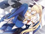  1boy 1girl agravain_(fate/grand_order) ahoge animal_ears artoria_pendragon_(all) artoria_pendragon_(swimsuit_ruler)_(fate) bangs bare_shoulders blonde_hair blue_cape blue_legwear braid breasts bunny_ears bunnysuit cape character_name checkered checkered_floor cleavage closed_mouth detached_collar fate/grand_order fate_(series) feather_boa fishnet_legwear fishnets french_braid fur-trimmed_cape fur_trim green_eyes hair_between_eyes high_heels highleg highleg_leotard holster large_breasts legs legs_up leotard light_smile long_hair looking_at_viewer lying nogi_(acclima) on_back out_of_frame ponytail sidelocks solo_focus thigh_strap tiara white_footwear white_leotard wrist_cuffs 
