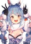  1girl :d animal_ear_fluff animal_ears armpits arms_up black_gloves blue_hair blush braid breasts bunny-shaped_pupils bunny_ears carrot_hair_ornament commentary_typo double_v english_commentary eyebrows_visible_through_hair food_themed_hair_ornament fur-trimmed_gloves fur_scarf fur_trim gloves hair_ornament hololive long_hair looking_at_viewer medium_breasts multicolored_hair open_mouth redcomet scarf simple_background smile solo thick_eyebrows twin_braids two-tone_hair upper_body upper_teeth usada_pekora v virtual_youtuber white_background white_hair 