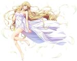  1girl absurdly_long_hair barefoot blonde_hair desire_(c&#039;s_ware) floating_hair full_body green_eyes long_hair official_art parted_lips petals simple_background solo tajima_nao tina_(desire) very_long_hair white_background 