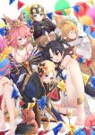  5girls abigail_williams_(fate/grand_order) ahoge animal_ear_fluff animal_ears armor balloon bangs bare_shoulders barefoot bell bikini black_bow black_dress black_hair black_headwear blonde_hair blue_eyes blue_kimono blurry blurry_background blush bly@sleep bodysuit bottle bow braid breasts bridal_veil capelet chain cleavage closed_eyes cup dress drinking_glass fang fate/apocrypha fate/extra fate/extra_ccc fate/grand_order fate_(series) feet forehead fox_ears fox_girl fox_tail hair_intakes hair_ornament hairpin hat hat_removed head_wreath headpiece headwear_removed highres ishtar_(fate)_(all) ishtar_(fate/grand_order) japanese_clothes jeanne_d&#039;arc_(fate) jeanne_d&#039;arc_(fate)_(all) jewelry jingle_bell kimono large_breasts legs long_braid long_hair looking_at_viewer looking_to_the_side medium_breasts multiple_bows multiple_girls multiple_tails neck_ring nero_claudius_(bride)_(fate) nero_claudius_(fate)_(all) open_mouth orange_bow parted_bangs pink_hair polka_dot polka_dot_bow purple_dress red_eyes ribbed_dress single_braid sleeves_past_fingers sleeves_past_wrists small_breasts smile string_of_flags stuffed_animal stuffed_toy swimsuit tail tamamo_(fate)_(all) tamamo_no_mae_(fate) teddy_bear thighs tiara two_side_up veil white_background white_bikini white_bodysuit wine_bottle wine_glass yellow_eyes 
