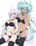  2girls absurdres ahoge aqua_hair artist_name between_breasts black_bra black_legwear black_panties bra braid breasts cagliostro_(symphogear) chuunioniika collarbone commission dark_skin highres hip_bones large_breasts long_hair low_twintails midriff multiple_girls nail_polish navel open_mouth panties purple_eyes senki_zesshou_symphogear side-tie_panties silver_hair smile strapless strapless_bra thighhighs twintails two_side_up underwear very_long_hair yukine_chris 