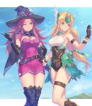  2girls :o ;) alternate_costume anbe_yoshirou angela_(seiken_densetsu_3) armpits bangs bare_shoulders belt belt_buckle black_capelet black_gloves black_headwear black_legwear blonde_hair blue_footwear blue_sky boots breasts brown_footwear brown_gloves buckle capelet cleavage covered_navel day dress elbow_gloves faulds feet_out_of_frame forehead_protector gloves green_eyes hand_on_hip hat highres index_finger_raised knee_boots long_hair looking_away looking_to_the_side low-tied_long_hair medium_breasts multicolored multicolored_clothes multicolored_leotard multiple_girls one_eye_closed outdoors outside_border parted_bangs parted_lips purple_dress purple_eyes purple_hair riesz seiken_densetsu seiken_densetsu_3 short_dress sky smile standing strapless strapless_dress thigh_boots thigh_strap thighhighs thighhighs_under_boots underbust very_long_hair witch_hat zettai_ryouiki 