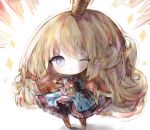  1girl ;o armor armored_boots armored_dress bangs black_gloves blonde_hair blue_dress blue_eyes blush boots charlotta_fenia chibi cottontailtokki crown dress emphasis_lines eyebrows_visible_through_hair fingerless_gloves frilled_dress frills gloves granblue_fantasy harvin long_hair looking_at_viewer mini_crown one_eye_closed outstretched_arm parted_lips pointy_ears puffy_short_sleeves puffy_sleeves shadow short_sleeves solo sparkle standing very_long_hair white_background 