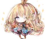  1girl ;o armor armored_boots armored_dress bangs black_gloves blonde_hair blue_dress blue_eyes blush boots charlotta_fenia chibi commentary_request cottontailtokki crown dress eyebrows_visible_through_hair fingerless_gloves frilled_dress frills gloves granblue_fantasy harvin long_hair looking_at_viewer mini_crown one_eye_closed outstretched_arm parted_lips pointy_ears puffy_short_sleeves puffy_sleeves shadow short_sleeves solo sparkle standing very_long_hair white_background 
