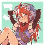  1boy aqua_background arms_behind_head artist_name blue_eyes blue_headwear closed_mouth goggles goggles_on_head grandia grandia_i hair_between_eyes hat justin_(grandia) letter long_hair looking_at_viewer mimimimiguchan red_hair red_scarf scarf simple_background smile solo 