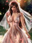  1girl bangs bare_arms bare_shoulders blurry blurry_background bracelet breasts bridal_veil bride brown_hair cleavage closed_eyes collarbone cowboy_shot depth_of_field dress earrings final_fantasy final_fantasy_vii final_fantasy_vii_remake highres jewelry large_breasts liang_xing long_hair parted_bangs parted_lips petals see-through signature sleeveless sleeveless_dress smile solo tifa_lockhart veil very_long_hair wedding_dress white_dress 