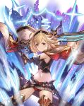  1girl bangs black_gloves blonde_hair brown_eyes closed_mouth djeeta_(granblue_fantasy) earrings elbow_gloves eyebrows gloves granblue_fantasy hair_between_eyes hairband highres holding holding_sword holding_weapon jewelry legs_apart looking_at_viewer midriff mohurine_cute navel short_shorts shorts smile solo sword weapon 