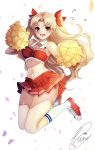  1girl alternate_costume bangs bare_shoulders blonde_hair blush breasts cheerleader chiachun0621 cleavage ereshkigal_(fate/grand_order) fate/grand_order fate_(series) flying_sweatdrops highres holding_pom_poms jumping long_hair looking_at_viewer medium_breasts midriff miniskirt navel open_mouth parted_bangs pom_poms red_eyes red_footwear red_skirt shoes skirt sneakers two_side_up 