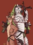  anthro back_to_back bulge cervid clothed clothing equid equine firearms gun hi_res jockstrap male male/male mammal muscular muscular_male oddthesungod pose ranged_weapon scar sharlow tattoo tattooed_arm topless underwear weapon zebra 