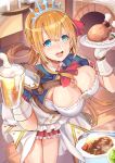  1girl :d alcohol bangs beer blouse blue_eyes blue_sleeves breasts buttons candle cleavage commentary_request cowboy_shot cup fireplace food from_above gloves hair_between_eyes hair_ribbon hair_up highres himuro_shunsuke holding holding_cup holding_food indoors large_breasts legs_together light_blush long_hair looking_at_viewer miniskirt open_mouth orange_hair pecorine princess_connect! princess_connect!_re:dive puffy_short_sleeves puffy_sleeves red_neckwear red_ribbon red_skirt ribbon short_sleeves shrug_(clothing) skirt smile solo table teeth tiara tonkatsu waitress white_blouse wooden_floor 