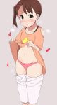  1girl absurdres akamatsu_yui blush brown_hair commentary highres lifted_by_self looking_at_viewer mitsuboshi_colors navel panties pants_pull riyo_(aokiwazumi) shirt_lift side_ponytail simple_background solo underwear yellow_eyes 
