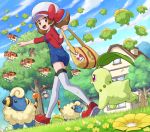  1girl :d aipom bag blue_overalls blush bow brown_eyes brown_hair building chikorita cloud day dunsparce eyelashes flower from_below from_side gen_2_pokemon grass hat hat_bow highres holding holding_bag kotone_(pokemon) ledyba looking_down mareep open_mouth outdoors outstretched_arm overalls pointing pokemoa pokemon pokemon_(creature) pokemon_(game) pokemon_hgss red_bow red_footwear shoes skiploom sky smile starter_pokemon sudowoodo thighhighs tongue tree twintails walking white_headwear white_legwear yellow_bag 