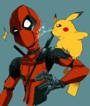  2019 bodysuit clothing crossover deadpool dipstick_ears duo electricity fur gloves handwear hi_res human hyouga617 male mammal marvel mask multicolored_ears nintendo pikachu pok&eacute;mon pok&eacute;mon_(species) simple_background skinsuit smile tight_clothing video_games yellow_body yellow_fur 