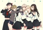  6+girls bag bandaged_head bandages black_buruma black_hair black_sailor_collar black_serafuku blonde_hair braid brown_eyes brown_hair buruma copyright_name fuyusaka_iori glasses grey_eyes grey_hair hair_ornament hair_ribbon jacket juusan_kihei_bouei_ken kaitara_deru kisaragi_tomi lace lace-trimmed_legwear long_hair long_sleeves medium_hair minami_natsuno multiple_girls navel neckerchief open_clothes open_jacket open_track_jacket pleated_skirt ponytail purple_neckwear red-framed_eyewear red_neckwear red_ribbon ribbon sailor_collar school_bag school_uniform semi-rimless_eyewear serafuku shinonome_ryouko_(juusan_kihei_bouei_ken) shirt short_hair simple_background skirt takemiya_yuki thighhighs track_jacket twin_braids under-rim_eyewear white_shirt yakushiji_megumi zettai_ryouiki 