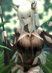  1girl arknights bangs black_leotard blush breasts brown_eyes covered_navel crossed_bangs hair_between_eyes highres holding holding_staff horns large_breasts leotard looking_at_viewer pointy_ears shining_(arknights) smile solo staff white_hair white_horns xiujia_yihuizi 
