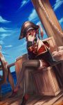  1girl absurdres artist_request barrel black_footwear black_headwear black_legwear brown_hair crate dutch_angle eyepatch highres hololive houshou_marine looking_at_viewer mast outdoors red_eyes red_skirt rope sitting skirt sleeves_past_wrists solo steering_wheel thighhighs virtual_youtuber 