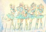  5girls akizuki_ritsuko blue_bow blue_skirt boots bow brown_hair choker dancing fingerless_gloves fishnet_legwear fishnets frilled_skirt frills futami_ami glasses gloves green_bow grey_hair hair_bow high_heel_boots high_heels highres holding holding_microphone idol idol_clothes idolmaster idolmaster_(classic) kikuchi_makoto microphone midriff minase_iori multiple_girls naruko_yuri navel penlight reaching_out red_hair sketch skirt takatsuki_yayoi 