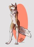  anthro black_nose blue_eyes blush breasts canid canine claws digital_media_(artwork) digitigrade ear_tuft facial_tuft female fluffy fluffy_tail fur genitals hands_behind_head hi_res hybrid inner_ear_fluff looking_at_viewer lovernios lycanroc mammal markings medium_breasts midday_lycanroc mira_kingsley multicolored_body neck_tuft nintendo nipples pawpads pok&eacute;mon pok&eacute;mon_(species) pussy simple_background solo source_request standing tendo tuft video_games 