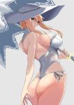  1girl artoria_pendragon_(all) artoria_pendragon_(swimsuit_ruler)_(fate) ass back bangs bare_shoulders blonde_hair braid breasts fate/grand_order fate_(series) french_braid green_eyes hat highleg highleg_swimsuit highres kawabata_yoshiro large_breasts long_hair looking_at_viewer looking_back one-piece_swimsuit parasol parted_lips sidelocks sky sun_hat swimsuit thighs umbrella white_headwear white_swimsuit 