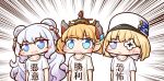  +_+ 3girls :d aka_shiba azur_lane bangs blonde_hair blue_eyes blush_stickers collarbone commentary_request double_bun emphasis_lines eyebrows_visible_through_hair gradient_hair hair_between_eyes hair_ornament hair_ribbon hat le_malin_(azur_lane) le_terrible_(azur_lane) le_triomphant_(azur_lane) long_hair looking_to_the_side monocle multicolored_hair multiple_girls open_mouth ribbon shirt short_hair short_sleeves sidelocks silver_hair simple_background smile standing sweatdrop symbol-shaped_pupils t-shirt translation_request triangle_mouth upper_body very_long_hair white_background white_headwear white_shirt 