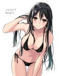  1girl artist_name bikini black_bikini black_hair breasts brown_eyes chikuma_(kantai_collection) cleavage collarbone cowboy_shot dated kantai_collection large_breasts leaning_forward long_hair looking_at_viewer side-tie_bikini solo swimsuit thigh_gap u0709 