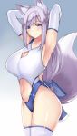  1girl animal_ears armpits arms_behind_head arms_up bare_shoulders breasts cleavage cleavage_cutout competition_swimsuit cowboy_shot elbow_gloves fox_ears fox_girl fox_tail gloves gradient gradient_background highres large_breasts long_hair looking_at_viewer mole mole_under_eye navel one-piece_swimsuit original purple_eyes silver_hair smile sogaya solo standing stomach stomach_cutout swimsuit tail tail_raised thighhighs thighs white_gloves white_legwear 