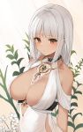  1girl absurdres azur_lane bangs bare_shoulders blush breasts broche_(timpet) brown_eyes center_opening cleavage closed_mouth collarbone dark_skin dress eyebrows_visible_through_hair facial_mark forehead_mark halter_dress highres jewelry large_breasts long_hair looking_at_viewer massachusetts_(azur_lane) massachusetts_(dressed_to_impress)_(azur_lane) mole mole_on_breast native_american necklace silver_hair sleeveless sleeveless_dress solo white_dress 