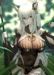  1girl arknights bangs black_leotard blush breasts brown_eyes covered_navel crossed_bangs hair_between_eyes highres holding holding_staff horns large_breasts leotard looking_at_viewer pointy_ears shining_(arknights) smile solo staff sweat white_hair white_horns xiujia_yihuizi 