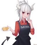  1girl absurdres apron artist_name bangs bintz black_apron blunt_bangs blush breasts collarbone collared_shirt demon_horns demon_tail eyebrows_visible_through_hair food fork fork_in_mouth grin helltaker highres holding holding_fork holding_plate horns looking_at_viewer lucifer_(helltaker) medium_breasts mole mole_under_eye pancake parted_lips plate red_eyes red_shirt shirt short_hair short_ponytail sidelocks signature smile solo tail white_hair 