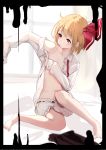  1girl barefoot black_border blonde_hair bloomers border collared_shirt commentary_request flat_chest full_body hair_ribbon highres homo_1121 indoors long_sleeves navel no_bra off_shoulder open_clothes open_shirt red_eyes red_ribbon ribbon rumia shirt short_hair sitting solo touhou underwear undressing white_shirt wing_collar 