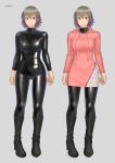  1girl blonde_hair bodysuit boots bots grey_eyes high_heel_boots high_heels highres hood hoodie kilye_4421 latex latex_bodysuit looking_at_viewer original skin_tight soll_body standing 