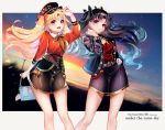  2girls absurdres bangs black_hair blonde_hair blush breasts chiachun0621 contemporary ereshkigal_(fate/grand_order) fate/grand_order fate_(series) gradient_sky highres huge_filesize ishtar_(fate)_(all) ishtar_(fate/grand_order) long_hair long_sleeves looking_at_viewer multiple_girls open_mouth parted_bangs red_eyes skirt sky smile sunset thighs twilight two_side_up 