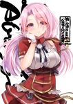  1girl armpit_cutout breasts eyebrows_visible_through_hair eyes_visible_through_hair gloves kantai_collection large_breasts long_hair luigi_di_savoia_duca_degli_abruzzi_(kantai_collection) nigo pink_eyes pink_hair pleated_skirt red_shirt red_skirt shirt short_sleeves simple_background skirt smile solo twitter_username white_background white_gloves 