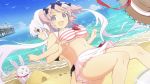  2girls :d beach bikini bird black_bikini black_ribbon blue_eyes blue_sky blush boat breasts bunny cloud day eyepatch frilled_bikini frills hair_ornament hair_ribbon hat hibari_(senran_kagura) highres large_breasts long_hair looking_at_viewer multiple_girls navel ninto_(senran_kagura) ocean official_art open_mouth outdoors pier pink_bikini pink_hair pink_stripes red_eyes red_scarf ribbon scarf seagull senran_kagura shore short_hair short_twintails shuriken sky smile straw_hat sun_hat swimsuit symbol-shaped_pupils twintails waifu2x water watercraft white_hair yaegashi_nan yagyuu_(senran_kagura) 