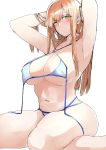  1girl absurdres arms_up bikini blue_bikini blush breasts brown_hair criss-cross_halter eyebrows_visible_through_hair girls_frontline green_eyes halterneck hand_in_hair highres kyoyakyo large_breasts long_hair looking_at_viewer m1903_springfield_(girls_frontline) micro_bikini navel simple_background solo swimsuit white_background 