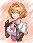  1girl absurdres bang bangs blonde_hair blush breasts chobbb cleavage collarbone commentary_request djeeta_(granblue_fantasy) eyebrows_visible_through_hair finger_gun flower granblue_fantasy hairband highres holding holding_flower large_breasts looking_at_viewer pink_background short_hair smile solo teeth upper_body v yellow_flower 