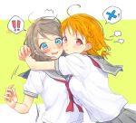  2girls azuma_(no488888) blue_eyes blush grey_hair hug looking_at_viewer love_live! love_live!_sunshine!! multiple_girls orange_hair pout red_eyes school_uniform short_hair short_sleeves takami_chika uranohoshi_school_uniform watanabe_you 