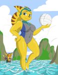  &lt;3 &lt;3_eyes alien angela_cross animal_humanoid ball big_breasts blue_eyes breasts clank_(ratchet_&amp;_clank) clothed clothing colored colored_sketch curvaceous curvy_figure felid felid_humanoid feline feline_humanoid female gloves hair hand_on_hip handwear hi_res holding_ball holding_object humanoid looking_at_another looking_at_viewer male mammal mammal_humanoid omegasunburst one-piece_swimsuit open_mouth ponytail pose ratchet ratchet_and_clank rock sea seaside sport stripes swimwear thick_thighs video_games volleyball voluptuous water watermark wide_hips yellow_body 