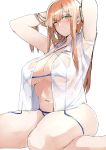  1girl absurdres arms_up bikini blue_bikini blush breasts brown_hair criss-cross_halter eyebrows_visible_through_hair girls_frontline green_eyes halterneck hand_in_hair highres kyoyakyo large_breasts long_hair looking_at_viewer m1903_springfield_(girls_frontline) micro_bikini navel open_clothes open_shirt see-through_skirt shirt simple_background skirt solo swimsuit white_background white_shirt 