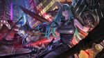  2girls arknights arm_scarf bangs bare_shoulders black_gloves black_shirt black_shorts blue_hair ch&#039;en_(arknights) cityscape clenched_teeth closed_mouth clothes_around_waist commentary_request dragon_horns dual_wielding fingerless_gloves gloves green_eyes green_hair hair_between_eyes highres holding holding_shield holding_sword holding_weapon horns hoshiguma_(arknights) jacket_around_waist kuro_dora long_hair low_tied_hair multicolored_neckwear multiple_girls neckwear oni_horn rain red_eyes shield shirt short_shorts shorts single_horn sword teeth weapon 