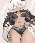  1girl belt belt_buckle breasts buckle chain cosplay dark_skin frown gauntlets glowing glowing_eyes helltaker highres judgement_(helltaker) judgement_(helltaker)_(cosplay) looking_down medium_breasts pokemon pokemon_(game) pokemon_swsh rakeemgarcia saitou_(pokemon) short_hair sketch thighs underboob 