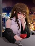 1girl :d absurdres alcohol bangs black_shawl blurry blurry_background brown_hair building city_lights cityscape collared_shirt cup drinking_glass eyebrows_visible_through_hair hair_between_eyes head_on_hand highres kano_(wi3028) looking_at_viewer night open_mouth original outdoors railing red_eyes shirt sidelocks sitting sleeveless sleeveless_shirt smile solo table white_shirt wine wine_glass 