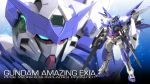  3d blue_eyes character_name fake_box_art gundam gundam_amazing_exia gundam_build_fighters holding holding_sword holding_weapon light_particles mecha mechanical_wings mikumikudance multiple_views official_style sword v-fin weapon wings zefai 