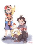  2boys :d ^_^ ^o^ baseball_cap black_footwear black_hair black_pants black_shirt blue_eyes blue_jacket blue_shorts brown_eyes bunny cleaning closed_eyes commentary_request creature dark_skin dark_skinned_male dirty episode_number fox gen_1_pokemon gen_8_pokemon gou_(pokemon) hat highres holding holding_pokemon holding_towel jacket looking_at_another mei_(maysroom) multiple_boys nickit number one_eye_closed one_knee open_mouth pants pikachu pokemon pokemon_(anime) pokemon_(creature) pokemon_swsh_(anime) red_headwear road satoshi_(pokemon) shirt shoes shorts signature smile standing starter_pokemon street tongue tongue_out towel translation_request white_background white_shirt 