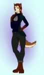  anthro canid canine canis cleavage_cutout clothing coyote elementoleo female hi_res keyhole_turtleneck looking_at_viewer mammal solo sweater topwear winking_at_viewer 