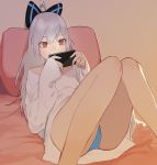  1girl bow cellphone comfy commentary girls_frontline hair_bow jewelry juz knees_together_feet_apart lying no_pants on_back on_bed oversized_clothes oversized_shirt panties phone pillow red_eyes ring screen_light shirt silver_hair smartphone solo tokarev_(girls_frontline) translated underwear wedding_band 