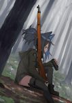  1girl animal_ears black_hair bolt_action boots brown_eyes cat_ears cat_girl forest gun hair_ornament hairclip highres holding holding_gun holding_weapon jacket juz knife medium_hair nature original outdoors ponytail rifle shorts sitting solo thighhighs tree weapon 