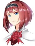  1girl absurdres ark_royal_(kantai_collection) bangs blue_eyes blunt_bangs bob_cut close-up closed_mouth eyelashes face flower highres inverted_bob kantai_collection lips obei_teitoku portrait red_flower red_hair red_ribbon red_rose ribbon rose short_hair solo tiara white_background 