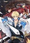  arc_system_works back-to-back bana_(stand_flower) blonde_hair blue_eyes brown_hair fingerless_gloves fire gloves guilty_gear guilty_gear_strive headband highres jacket ky_kiske lightning muscle ponytail rivalry short_hair simple_background sol_badguy sword weapon 